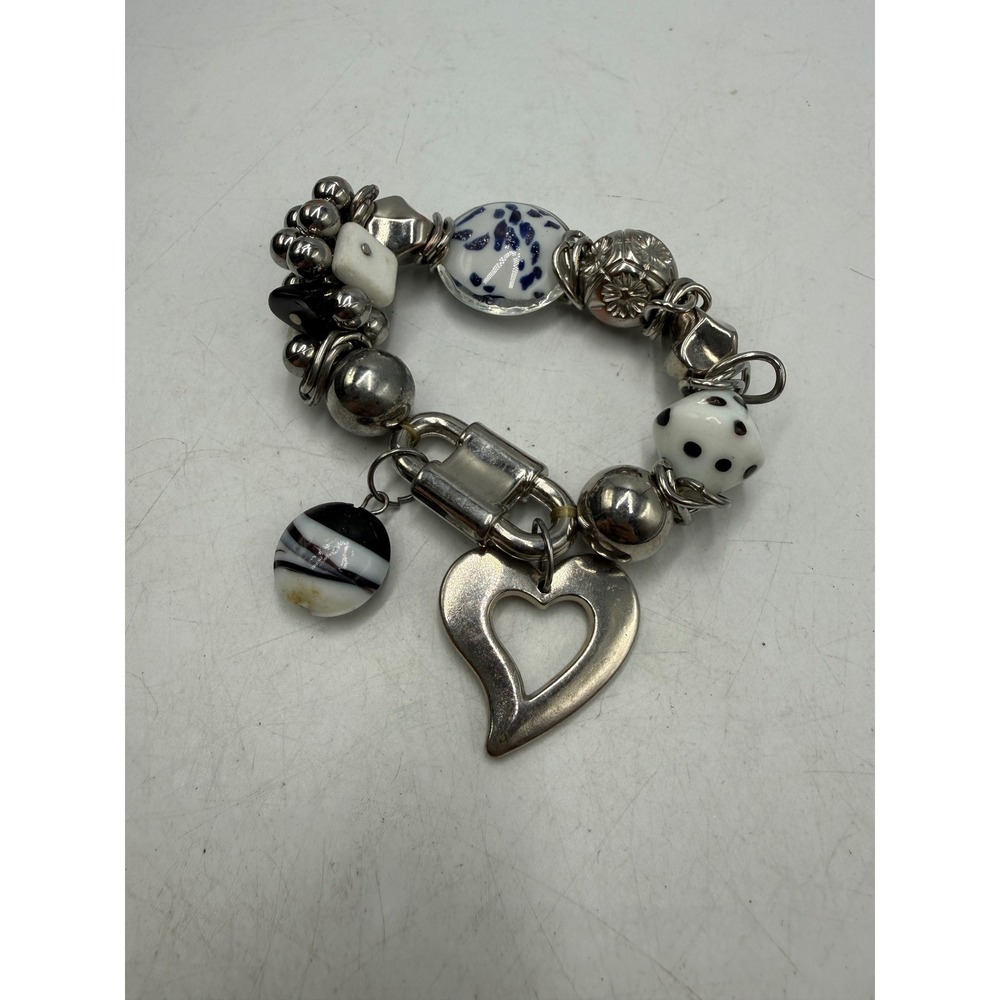 Chunky Silver Tone Heart Charm Stretch Bracelet Ceramic Dice Beads Eclectic
